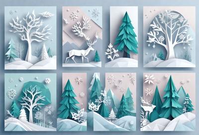 The primary subject of the image is a series of six different pictures featuring deer in a snowy environment. The deer are depicted in various positions and sizes, creating a diverse and engaging visual experience. The setting includes snow-covered trees and a mountainous background, adding to the wintry atmosphere. The visual style of the images is a combination of digital art and illustration, showcasing the artist's skill in creating realistic and detailed scenes. The colors and mood of the images are predominantly cold and